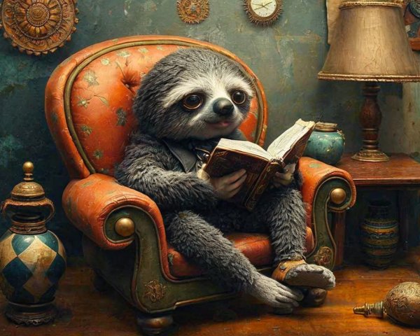 Sloth Reading in Vintage Armchair with Cozy Decor