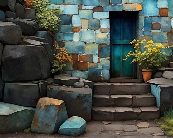Serene Stone Wall with Blue Door and Green Foliage