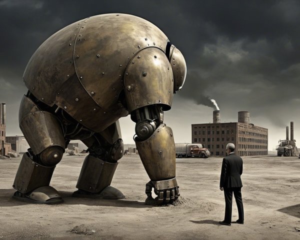 Bronze Robot Overlooks Small Figure in Industrial Scene