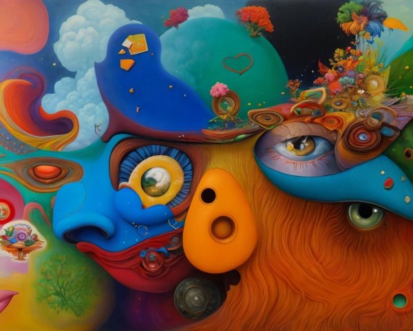 Vibrant Surreal Abstract Painting with Whimsical Elements