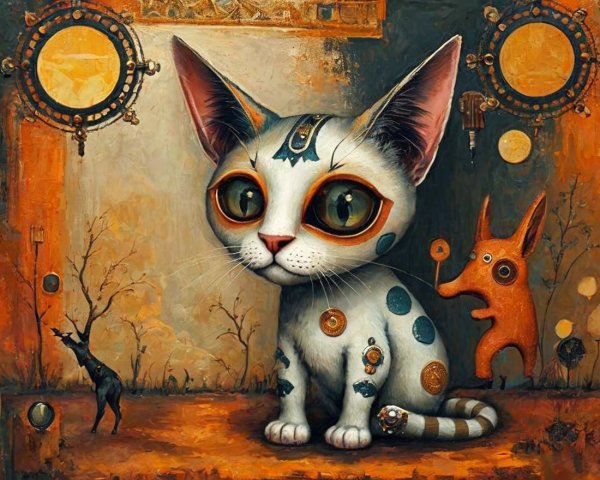 Whimsical Cat in Surreal Landscape with Abstract Shapes