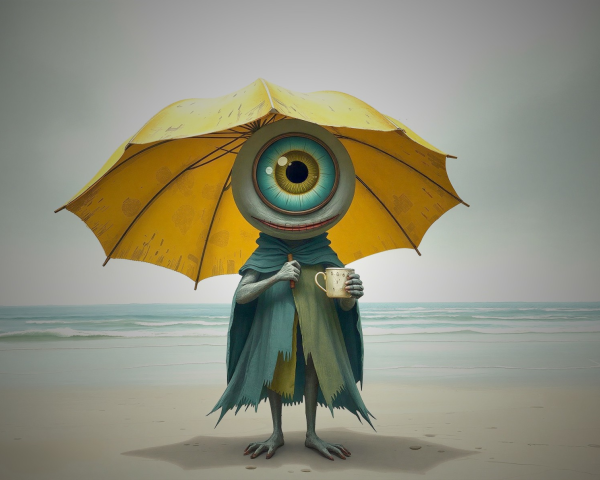Whimsical Monster on Beach with Umbrella and Mug