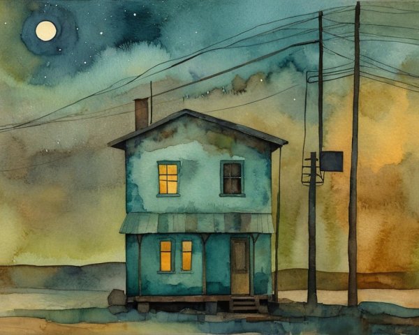 Nighttime Scene of Blue House with Watercolor Skies