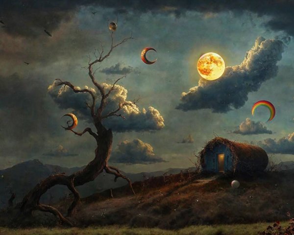 Surreal Landscape with Moon, Tree, and Hut