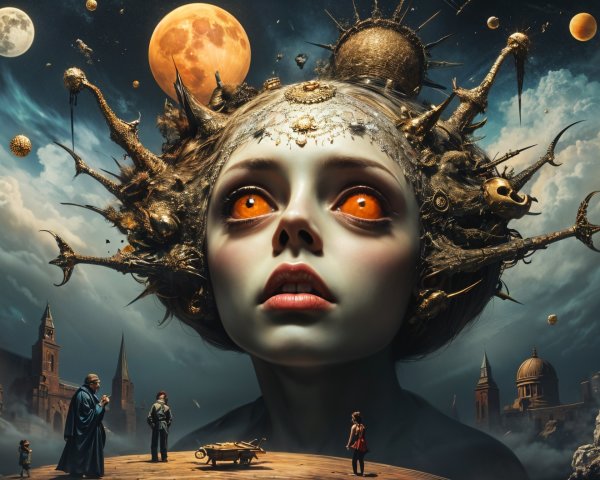 Surreal Scene with Colossal Ethereal Figure and Moons
