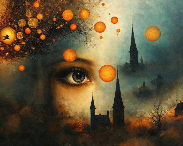 Surreal Landscape with Central Eye and Celestial Orbs