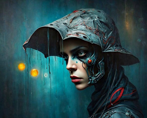 Close-up detailed oil painting of a woman in cyberpunk style