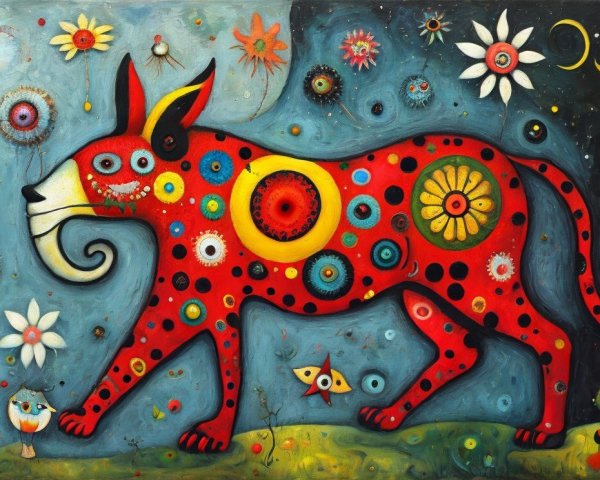 Vibrant Artwork of Red Animal in Dreamlike Landscape