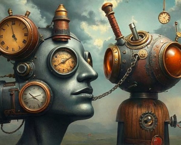 Human and robotic figures with intricate clock designs