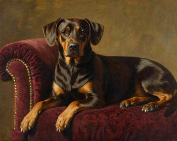 Regal Dog on Velvet Couch with Gold Accents
