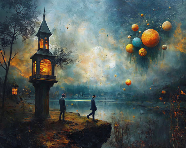 Surreal Landscape with Figures by Serene Lakeside