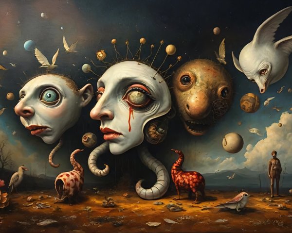 Surreal Landscape with Oversized Heads and Creatures