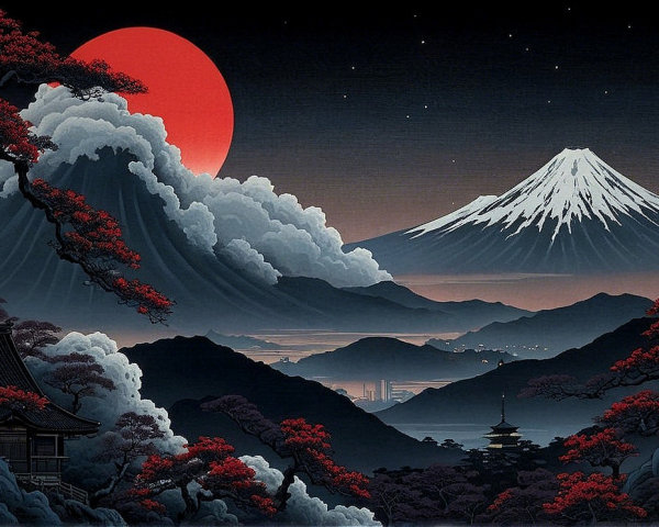 Nighttime Landscape with Mount Fuji and Traditional Architecture