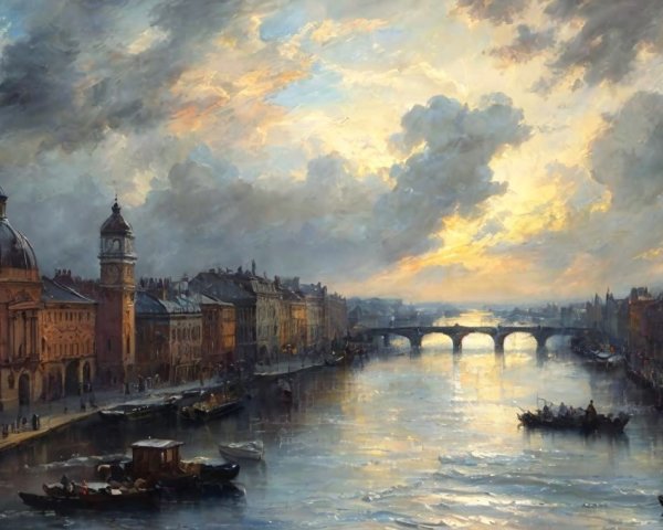 Serene sunset over river with elegant buildings and bridge