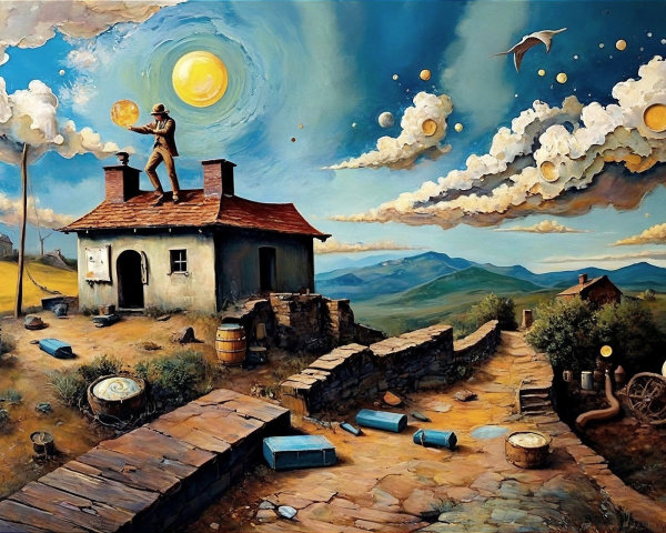 Surreal Oil Painting of Whimsical Rural Landscape