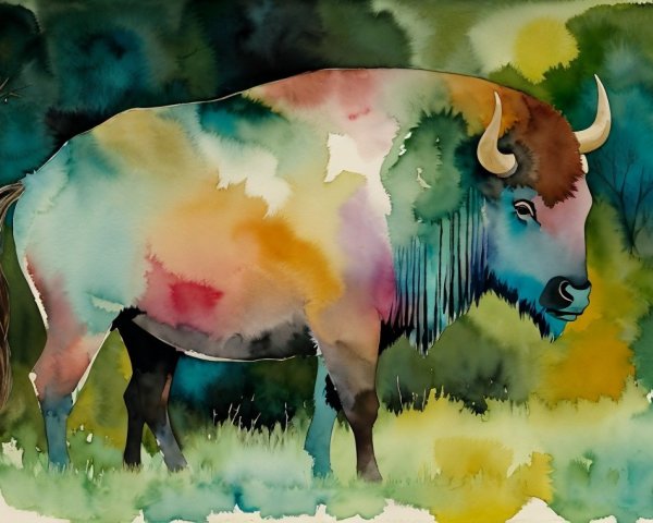 Vibrant Watercolor Bison in Lush Landscape