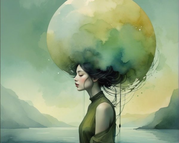 Serene Woman by Tranquil Water with Dreamy Cloud