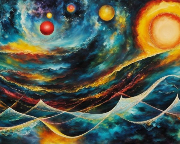 Vibrant Cosmic Scene with Swirling Colors and Celestial Bodies
