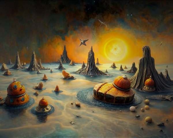 Surreal Landscape with Towering Rock Formations and Sun