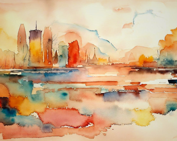 Serene Watercolor Landscape with Soft Hues and Reflections