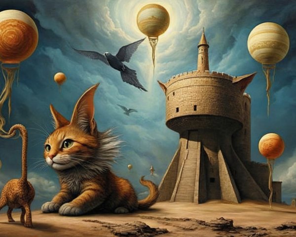 Playful Cat in Surreal Desert with Castle and Balloons