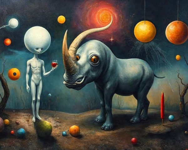 Surreal Landscape with Humanoid Figure and Rhino