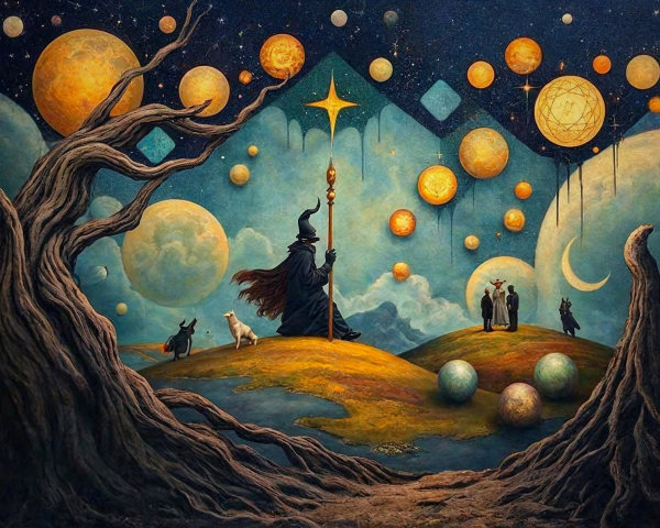Cloaked Figure in Surreal Starry Landscape with Dog