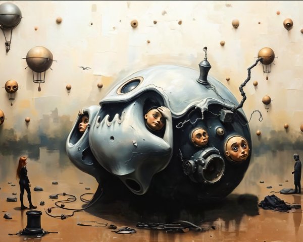 Surreal Landscape with Metallic Skull and Human Faces