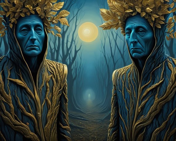 Ethereal Figures in a Misty Forest with Moonlight