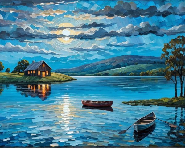 Tranquil Lake Scene with Moonlit Sky and Cabin