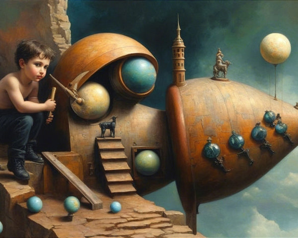 Young boy with flute beside steampunk ship structure