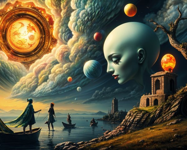 Surreal Landscape with Giant Head and Celestial Elements