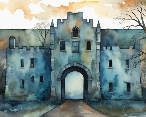 Watercolor Painting of a Gothic Stone Castle at Dusk