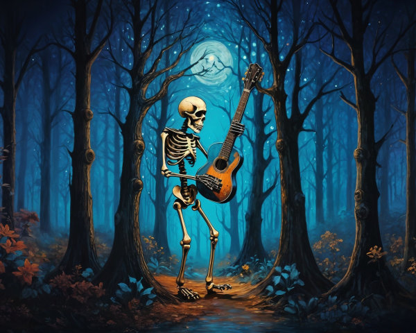 Skeleton Playing Guitar in Mystical Moonlit Forest