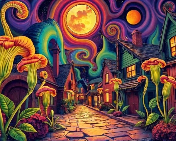 Whimsical Street Scene with Vibrant Skies and Moon