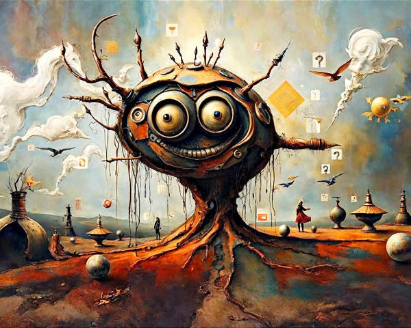 Surreal Landscape with Whimsical Tree and Fantastical Elements