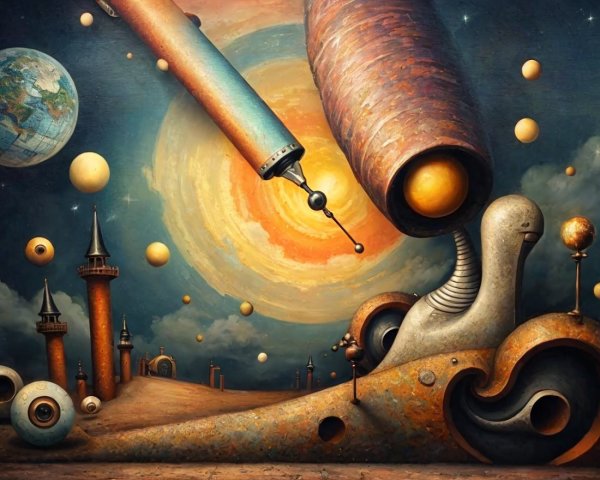 Surreal landscape with telescope and whimsical creatures
