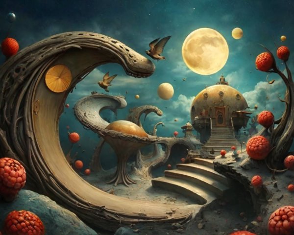 Whimsical landscape with surreal trees and vibrant forms