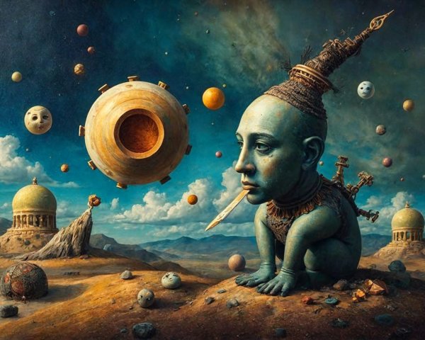 Surreal Landscape with Humanoid Figure and Celestial Bodies