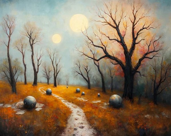 Serene Landscape with Winding Path and Glowing Orbs