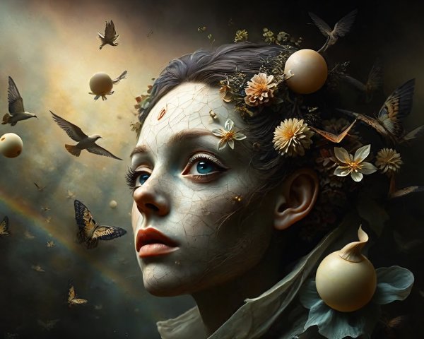 Surreal Portrait of Woman with Floral Headdress