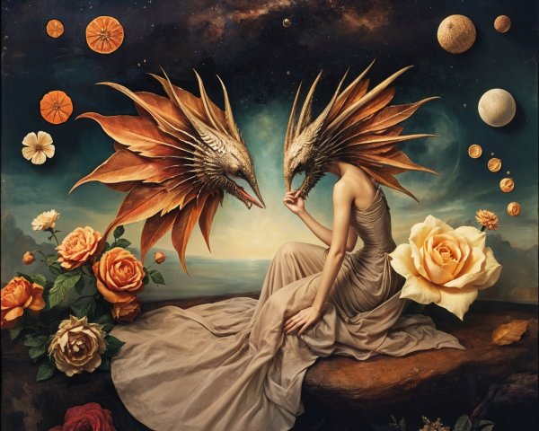 Surreal Scene of Figures with Dragon Headdresses