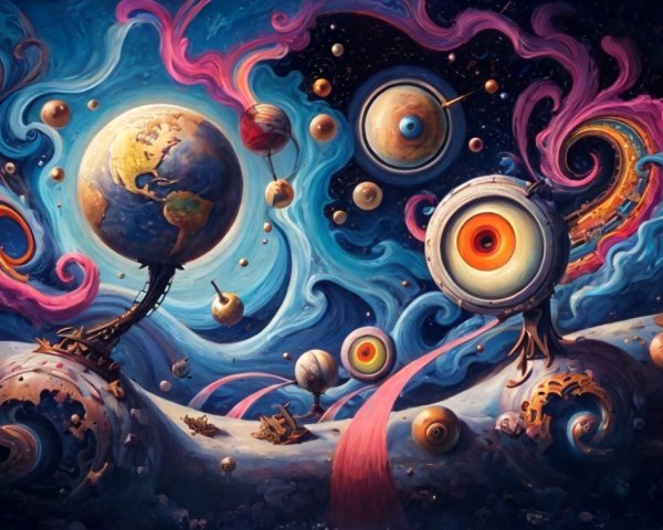 Surreal Cosmic Landscape with Colorful Nebulae and Planets