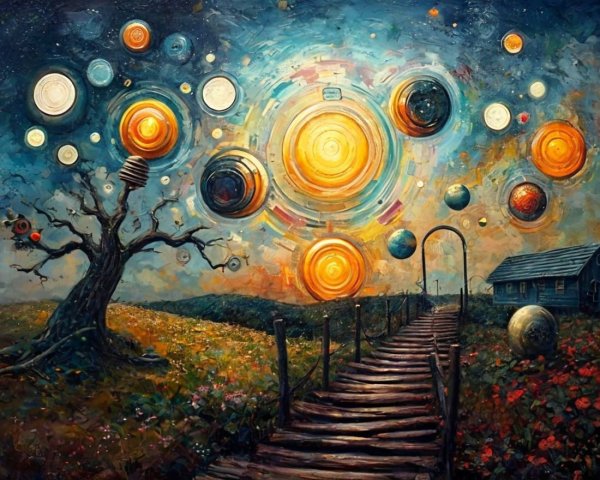 Surreal Landscape with Wooden Path and Celestial Bodies