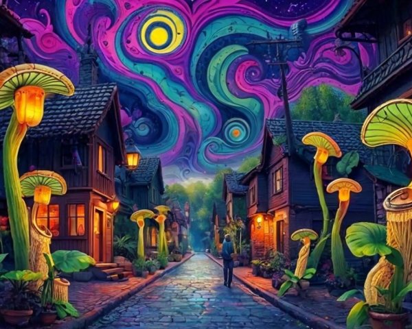 Whimsical Village with Illuminated Houses and Mushrooms
