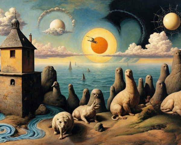 Surreal Landscape with Tower, Sea, and Celestial Bodies