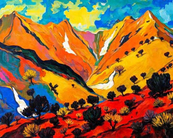 Vibrant Landscape Painting with Bold Colors and Mountains