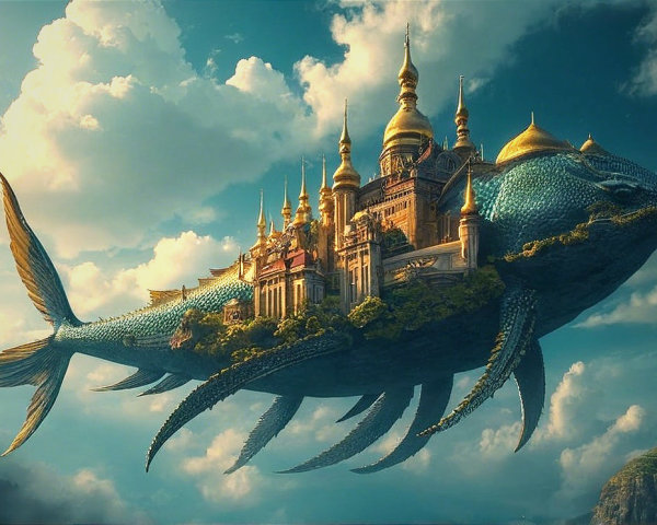 Oversized fish with castle in vibrant sky scene