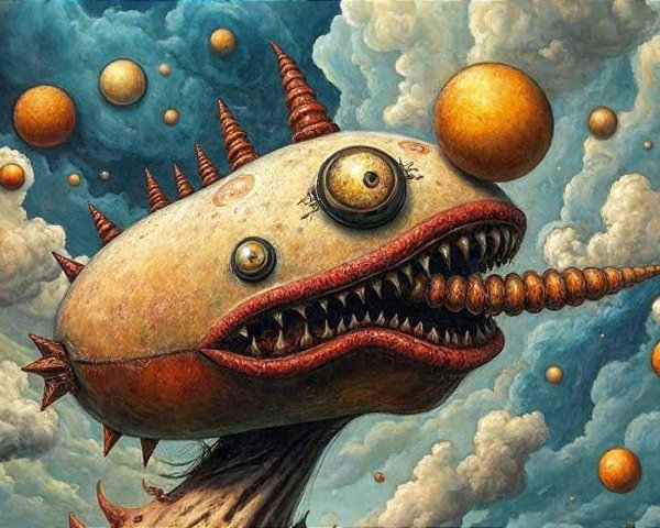 Surreal Creature with Spherical Head and Dreamlike Background