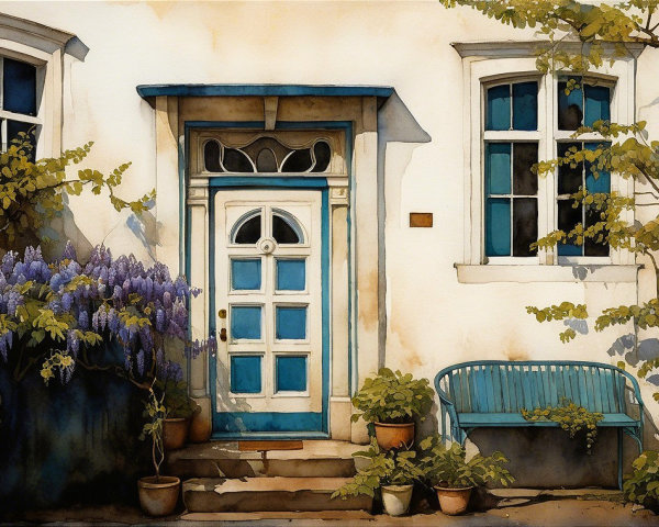 Charming Facade with Vintage Door and Lush Vines